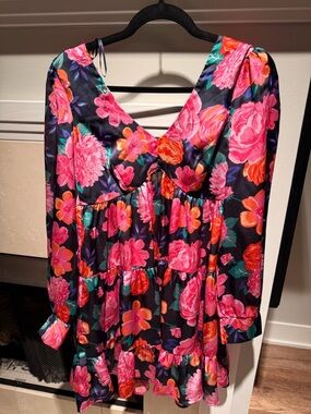 Dark Blue Floral Tiered Mini Dress with Pink & Orange Blooms